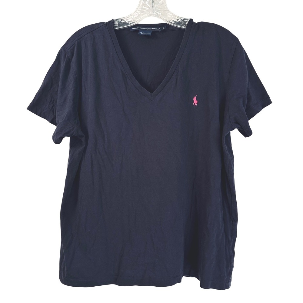 Ralph Lauren Sport Navy Blue V-Neck T-Shirt Pink Pony Logo XL Cotton